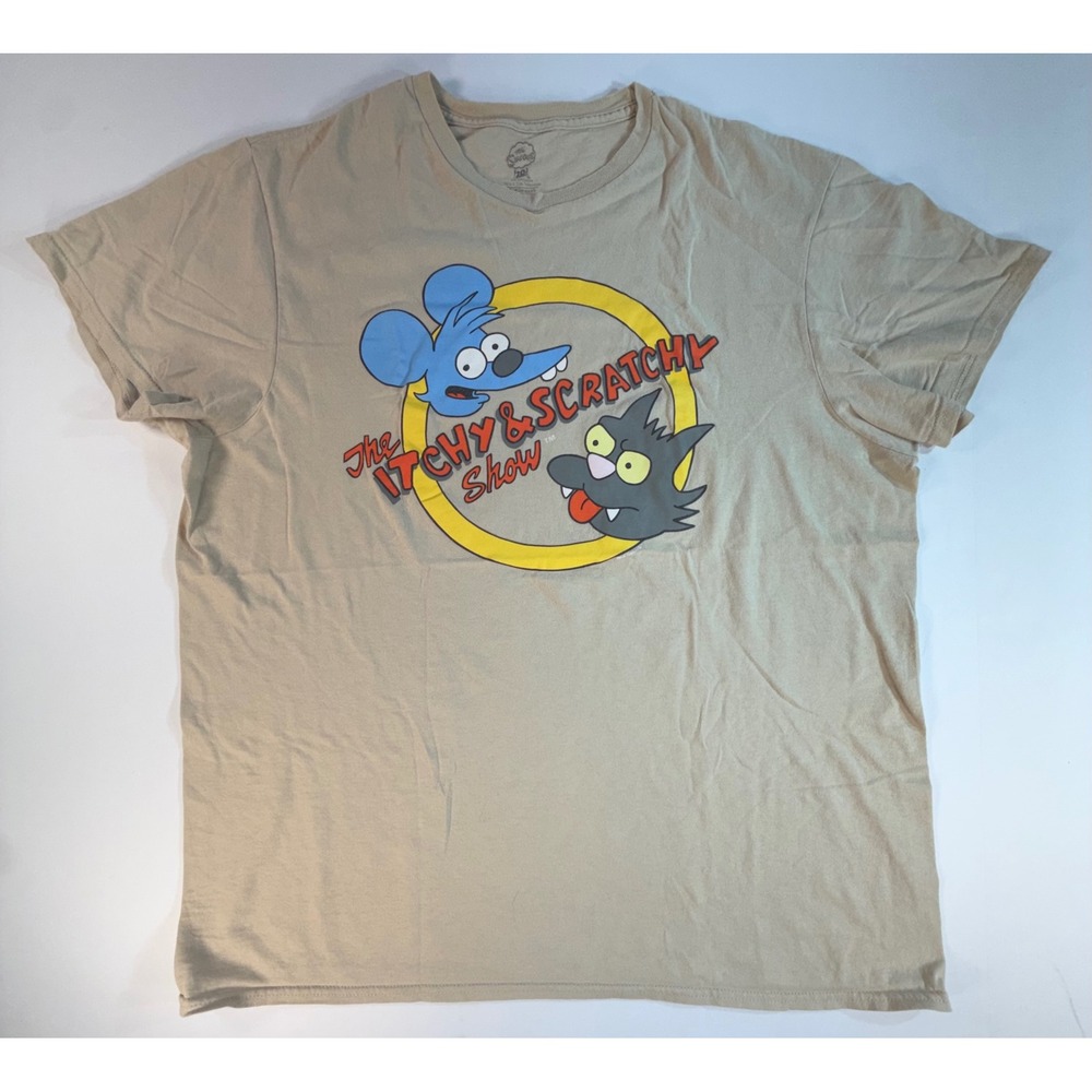 The Simpsons Itchy & Scratchy Show Graphic T-Shirt Tan Mens Large Cotton